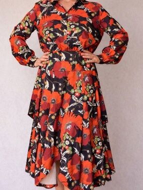 Dodo Bar Or Floral Collared Midi Shirt Dress Long Sleeve Vibrant IT 44 Medium